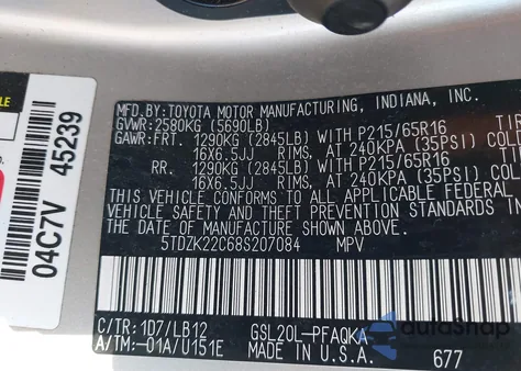 2008 Toyota Sienna Xle z USA, uszkodzony, nr VIN 5TDZK22C68S207084